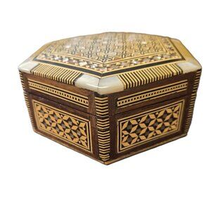 Vintage Egyptian Mother of Pearl Inlay Octagonal Trinket Jewelry Box Boho Ethnic